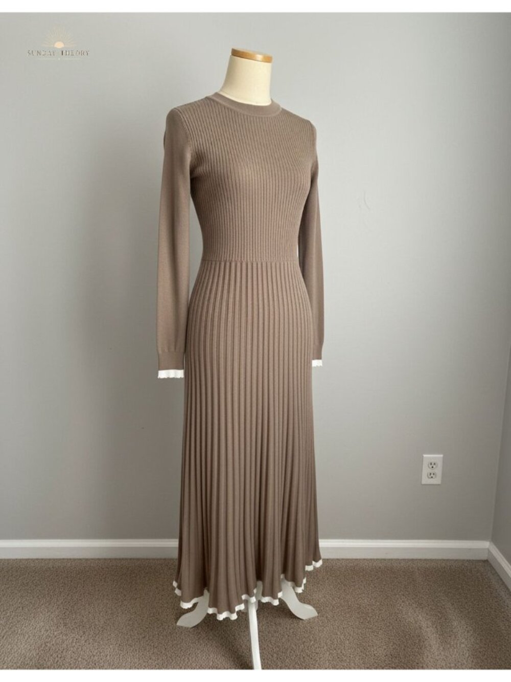 Ribbed Knit Long Sleeve Crewneck Sweater Maxi Dress